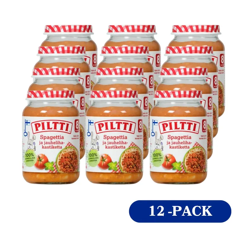 12 x Piltti 190g Spagettia ja jauhelihakastiketta lastenateria 8kk