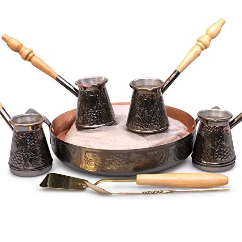4 pcs Turkish Cezve w/Hearth & Sand Turkish Coffee Set Greek Arabic Coffee Pot with Wooden Handle Turkish Coffee Pot Jezve Maker