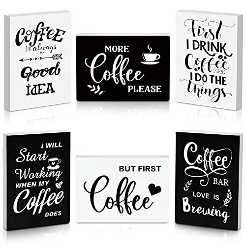 6 Pcs Wooden Mini Coffee Bar Sign Farmhouse Coffee Bar Decor Rustic But First Coffee Sign Love Is Brewing Coffee Table Sign Vintage Coffee Wood Plaque for Coffee Tiered Tray Decor Home Decorations