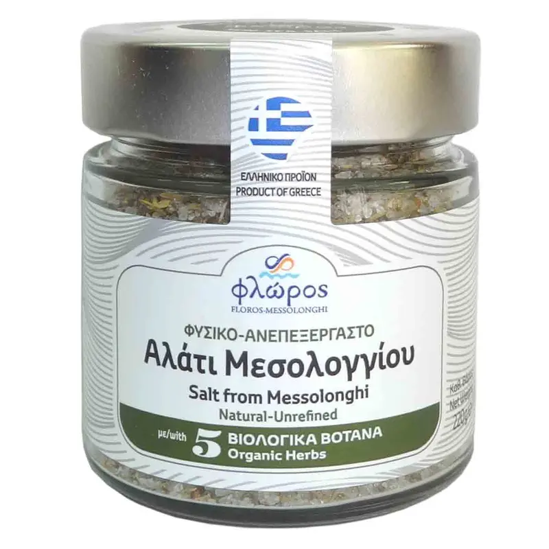 Alatifloros — 5 luomuyrtin Messolonghi-merisuola, puhdistamaton, 220 g