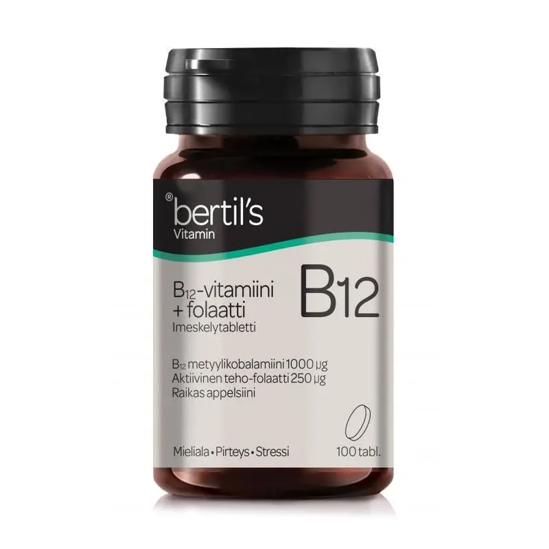 B12-vitamiini 1000µg + Folaatti 250µg imeskelytabl. 100 tabl, Bertil's