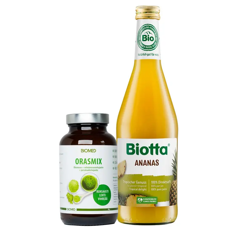 Biomed Orasmix & Biotta Ananasmehu -setti