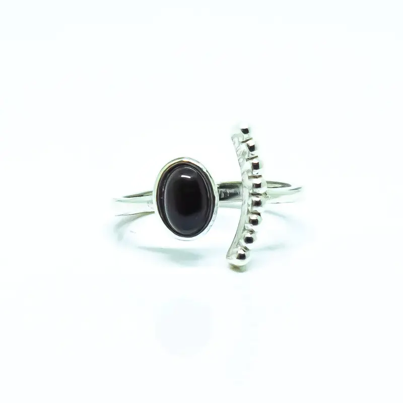 Black Obsidian Silver Adjustable Ring