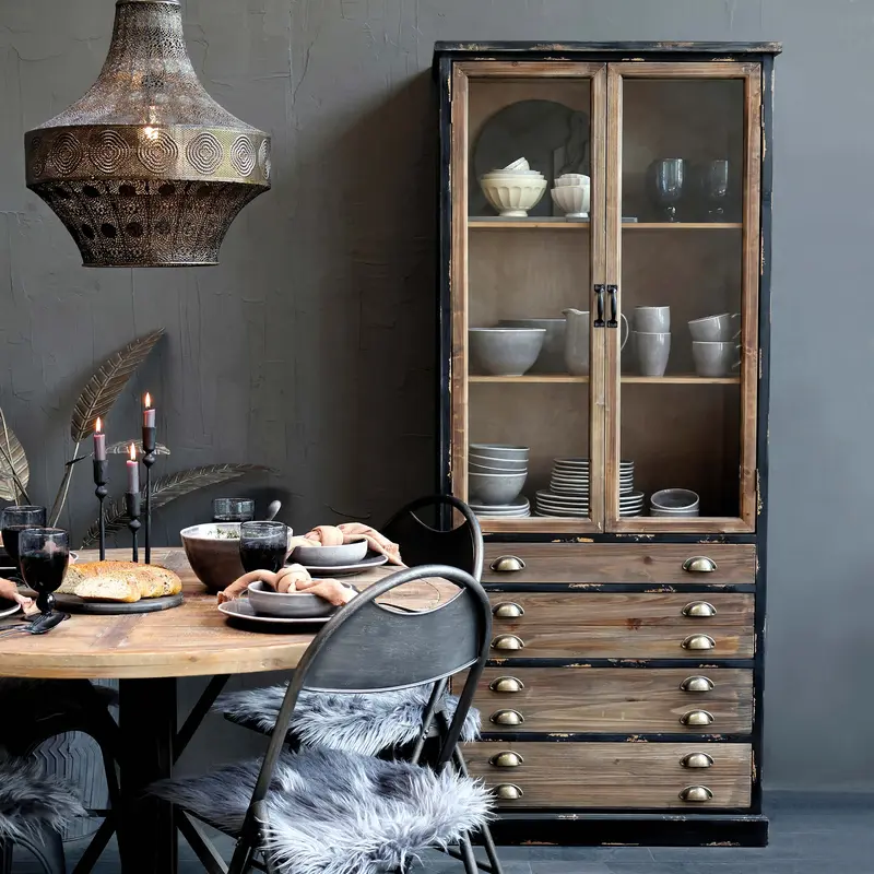 Chic Antique vitriini kahdella lasiovella ja neljällä laatikolla 191*80*48cm, antiikkimusta