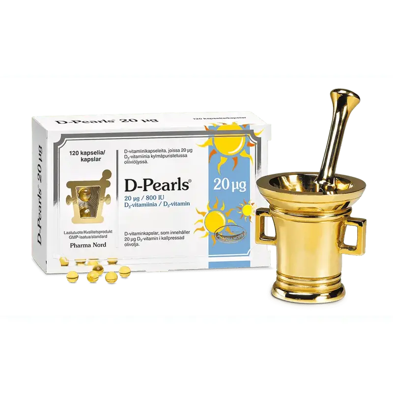 D-Pearls 20 μg D-vitamiini oliiviöljyssä 120 kaps, Pharma Nord