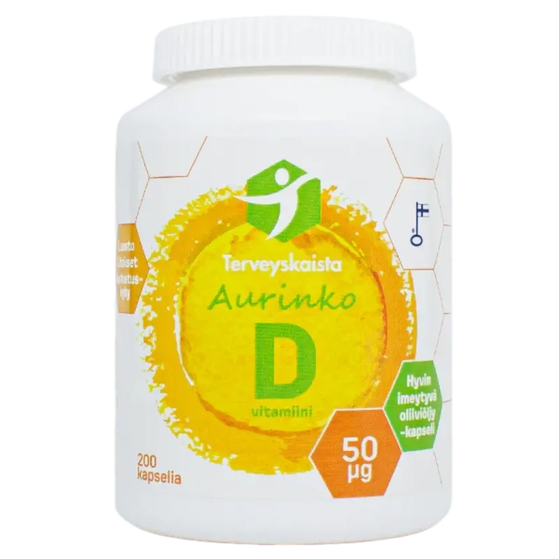 D-vitamiini Aurinko D3 50µg Extra virgin oliiviöljyssä 200 kaps, Terveyskaista