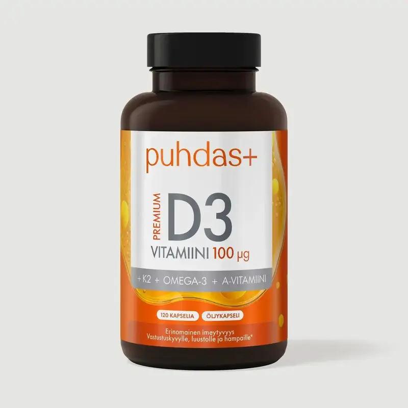 D3-vitamiini 100 µg + K2 + Omega-3 + A-vitamiini 120 kaps, Puhdas+