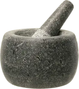 JADE TEMPLE, STONE MORTAR WITH PESTLE, DIA 14 CM, HIGHT 10 CM