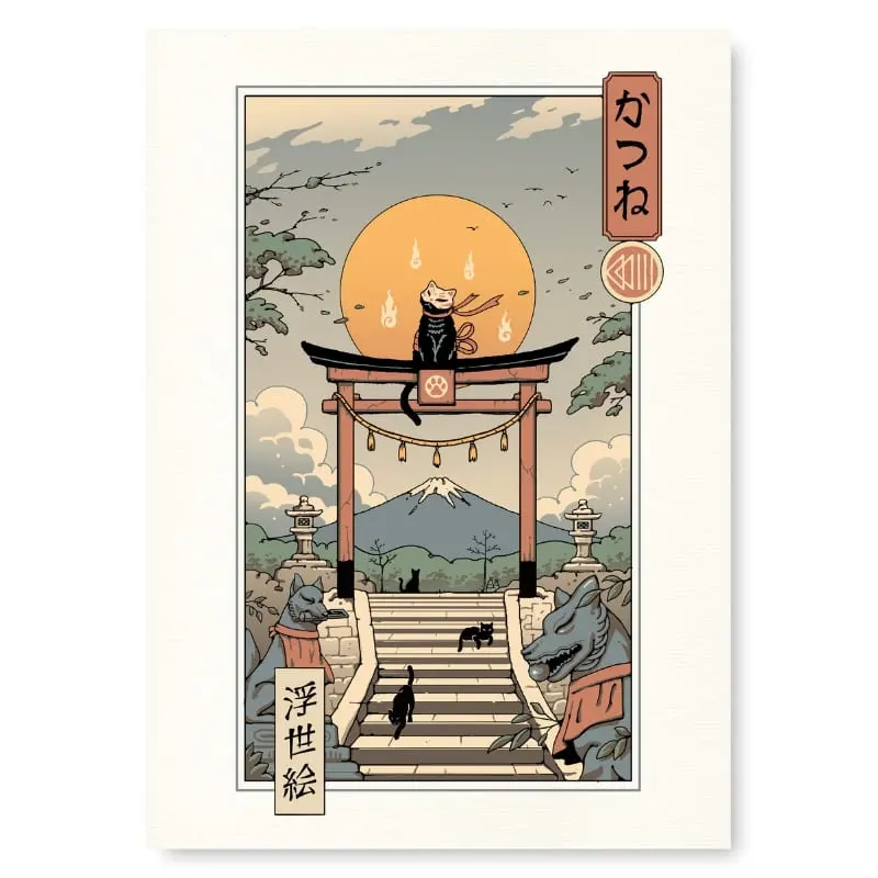 Japanilainen Ukiyo-e-juliste Neko Inari