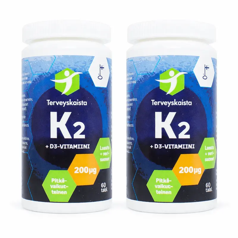 K2-vitamiini 50 µg + D3-vitamiini 200 µg 2x60 tabl, Säästöpakkaus, Terveyskaista