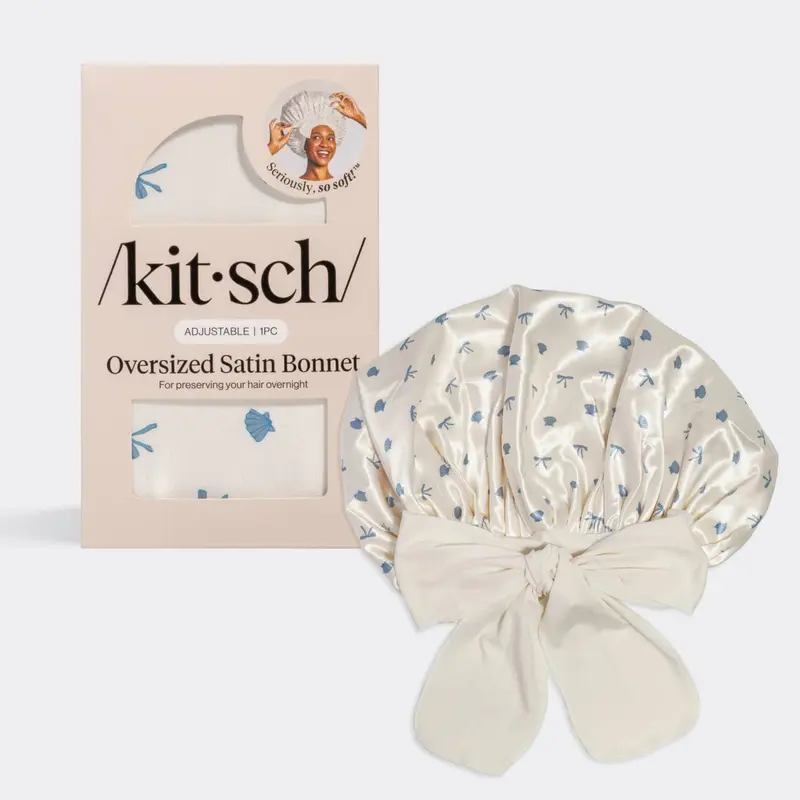 Kitsch Oversized Satin Bonnet - Pearlized Cream & Coastal Blue Print