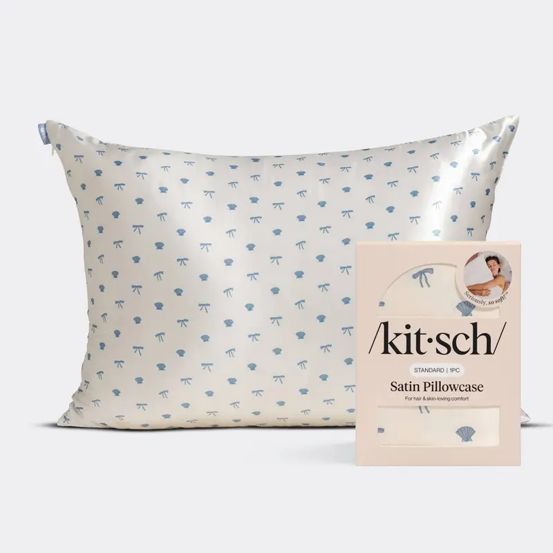 Kitsch Standard Satin Pillowcase - Pearlized Cream & Coastal Blue Print