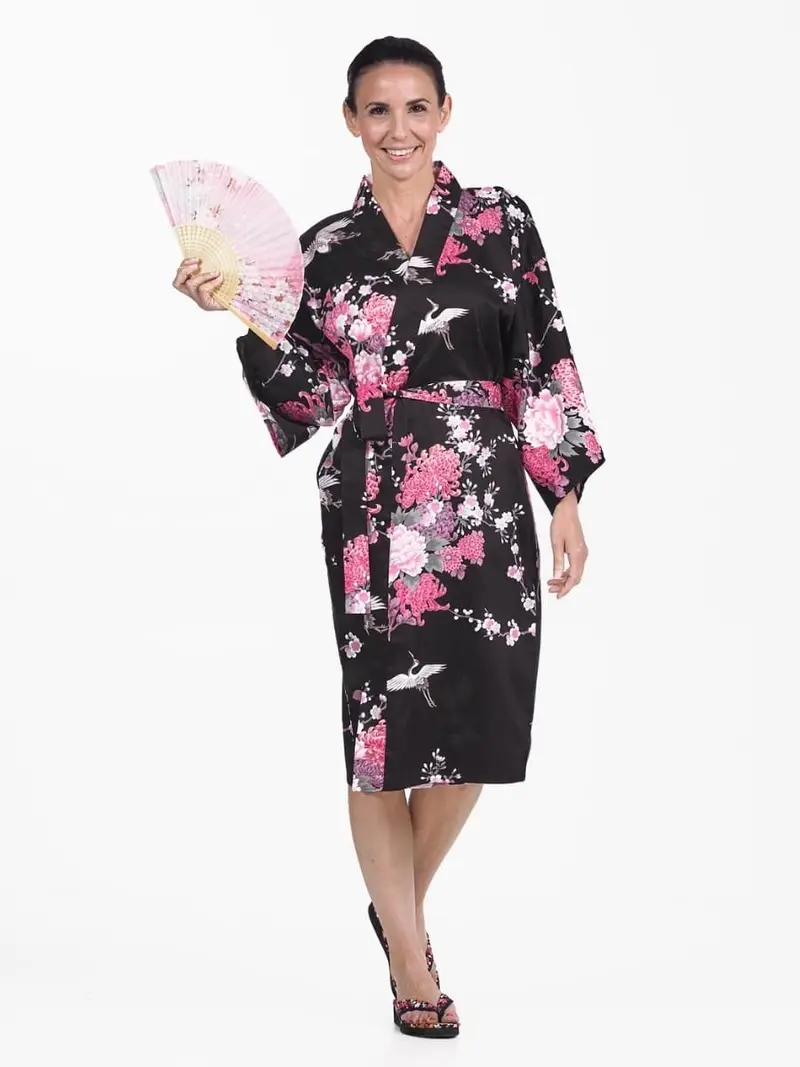 Naisten Happi Musta kurki & kukkia Kimono