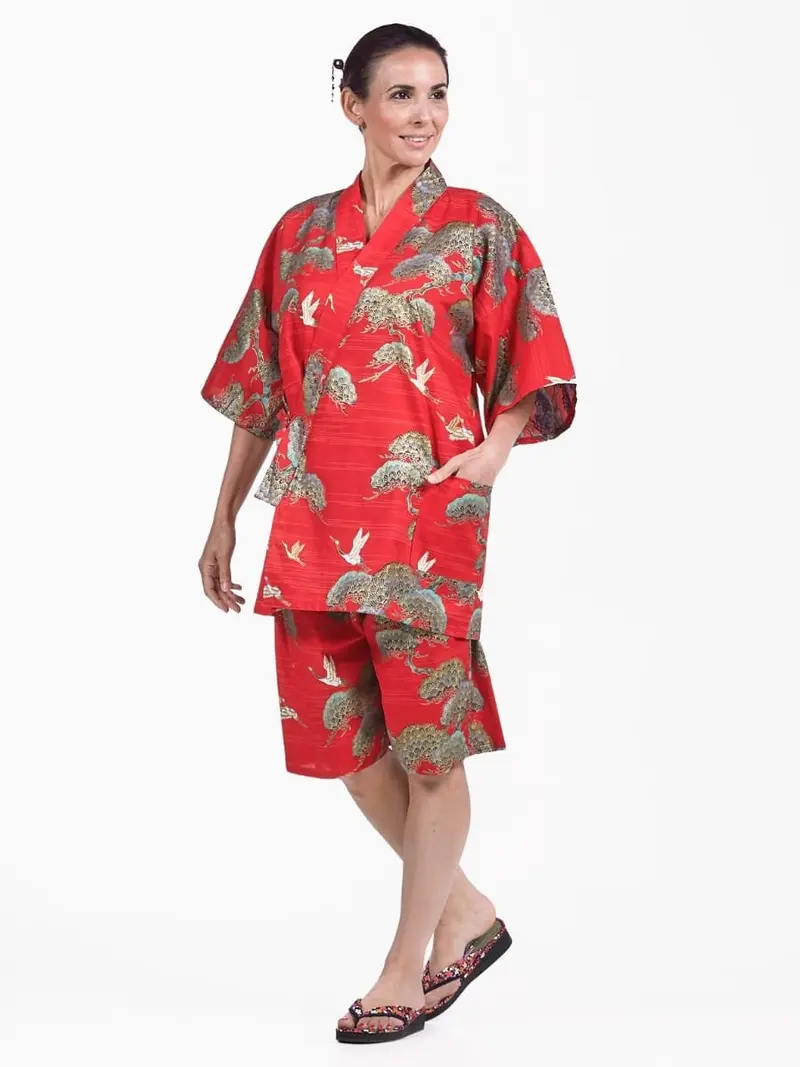Naisten Japanilainen Jinbei Punainen kurki ja mänty