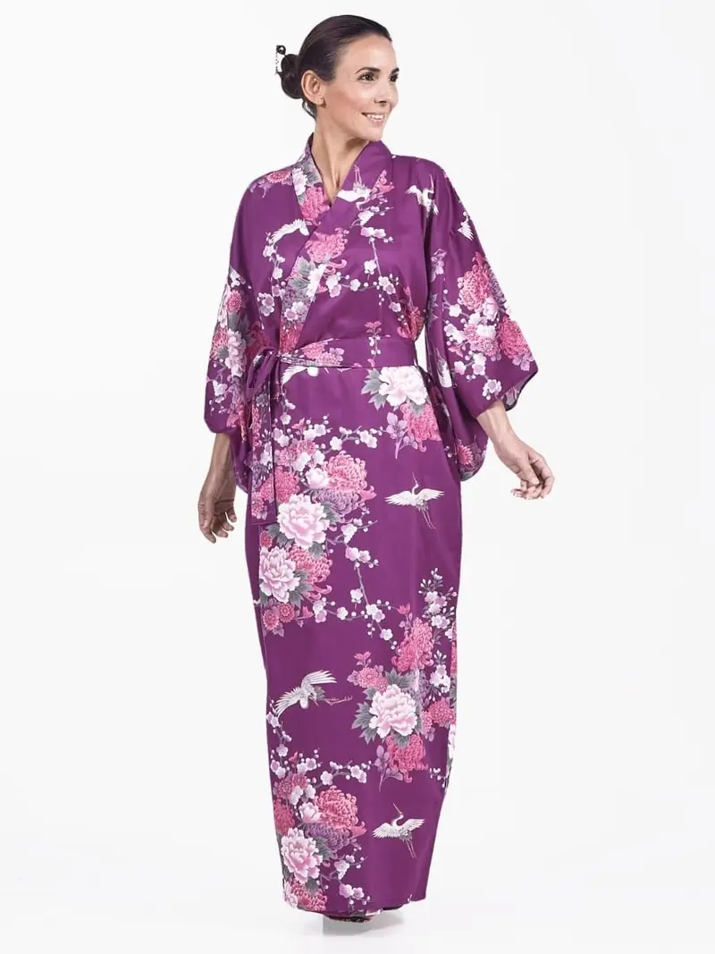 Naisten japanilainen Kimono Violetti Pioni & Kurki