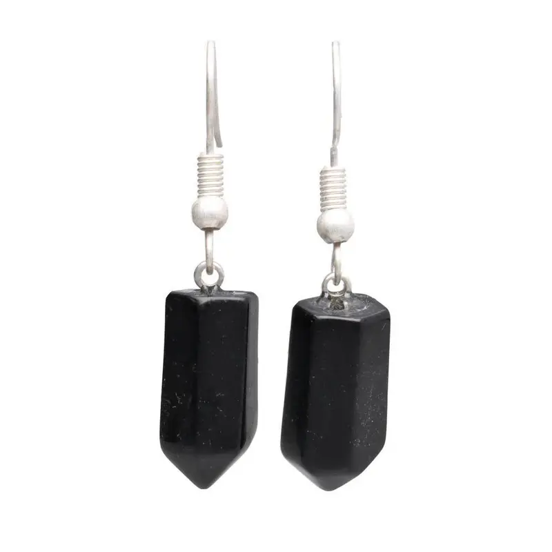 Obsidian Point Earrings in Silver Plating