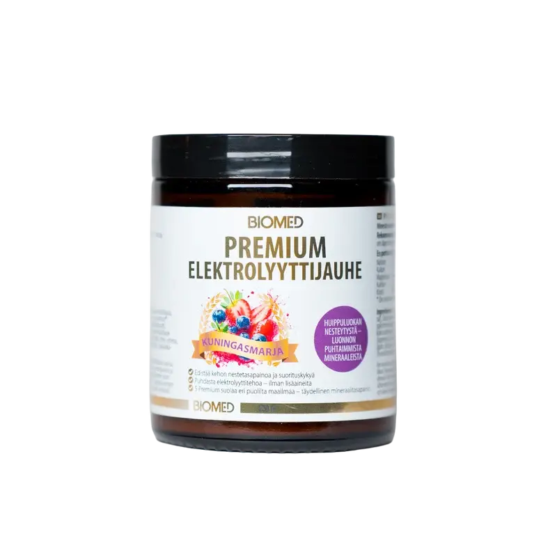 Premium Elektrolyyttijauhe – Kuningasmarja 120g, Biomed