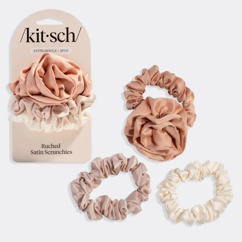 Rosette Ruched Satin Scrunchies 3pc Set - Terracotta