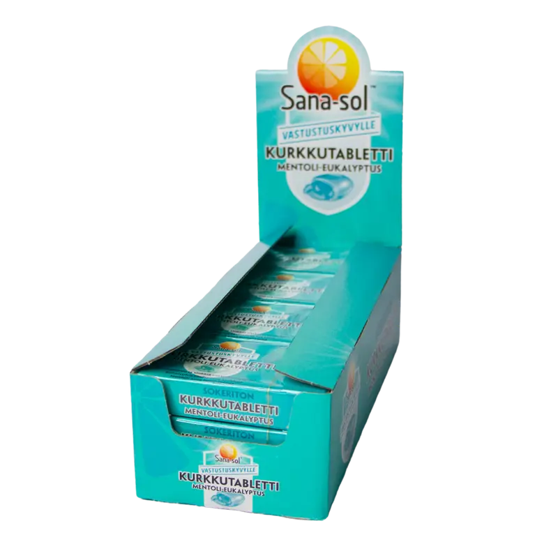 Sana-sol Kurkkutabletti Mentoli-Eukalyptus 12 kpl x 16 tabl. TUKKUPAKKAUS - erä - Päiväys 01/2027