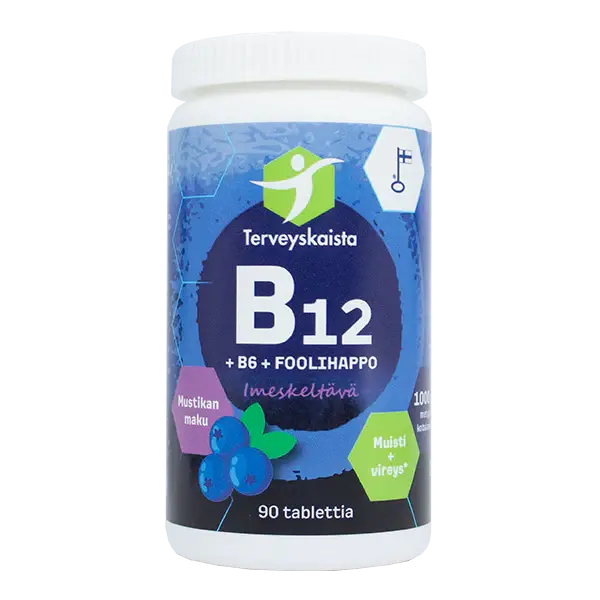 Terveyskaista Pitkävaikutteinen B12+B6+Foolihappo Mustikka