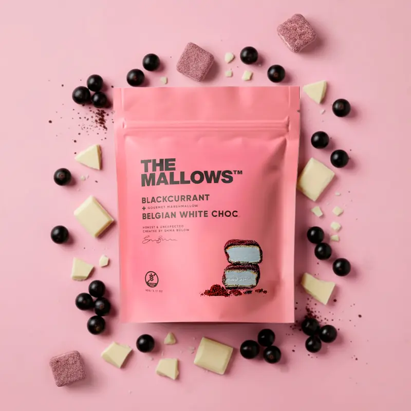The Mallows vaahtokarkit mustaherukka & Belgialainen valkosuklaa 90g