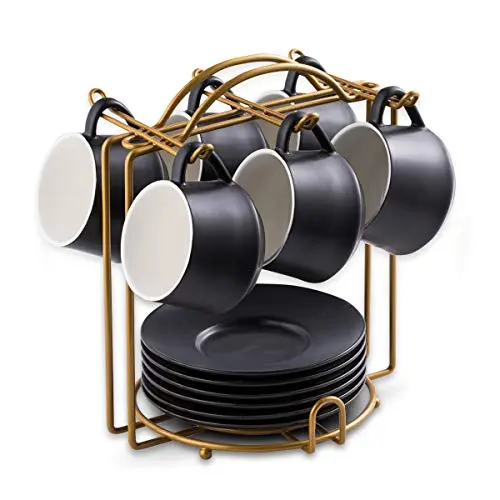 YHOSSEUN Coffee Cup Set Espresso Cups with Saucers Set with Cup Holder 4 oz Espresso Cup Set of 6 - Demitasse Cups Black